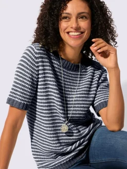 Pull à manches courtes en coton à rayures sportives et encolure ronde