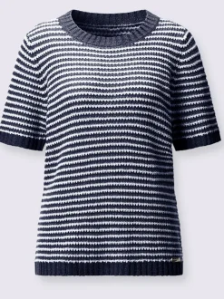 Pull à manches courtes en coton à rayures sportives et encolure ronde