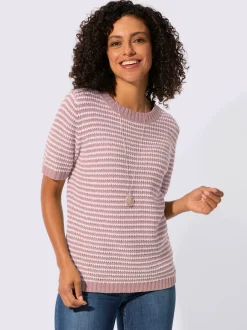 Pull à manches courtes en coton à rayures sportives et encolure ronde