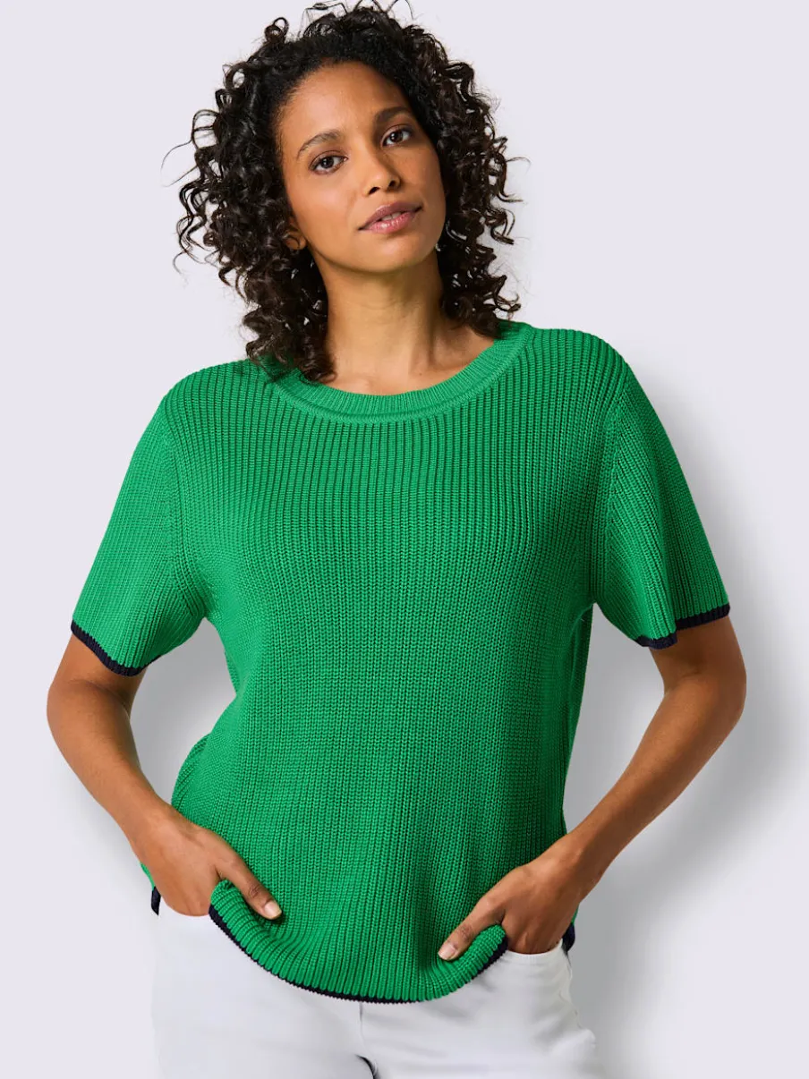Pull à manches courtes en lyocell et coton à bordures contrastées