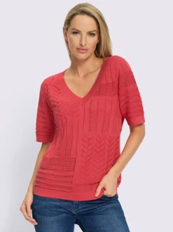 Pull à manches courtes en tricot ajouré avec col en V