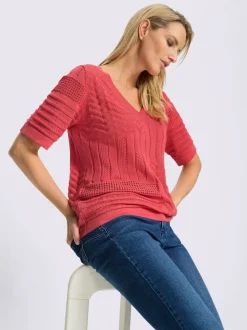Pull à manches courtes en tricot ajouré avec col en V