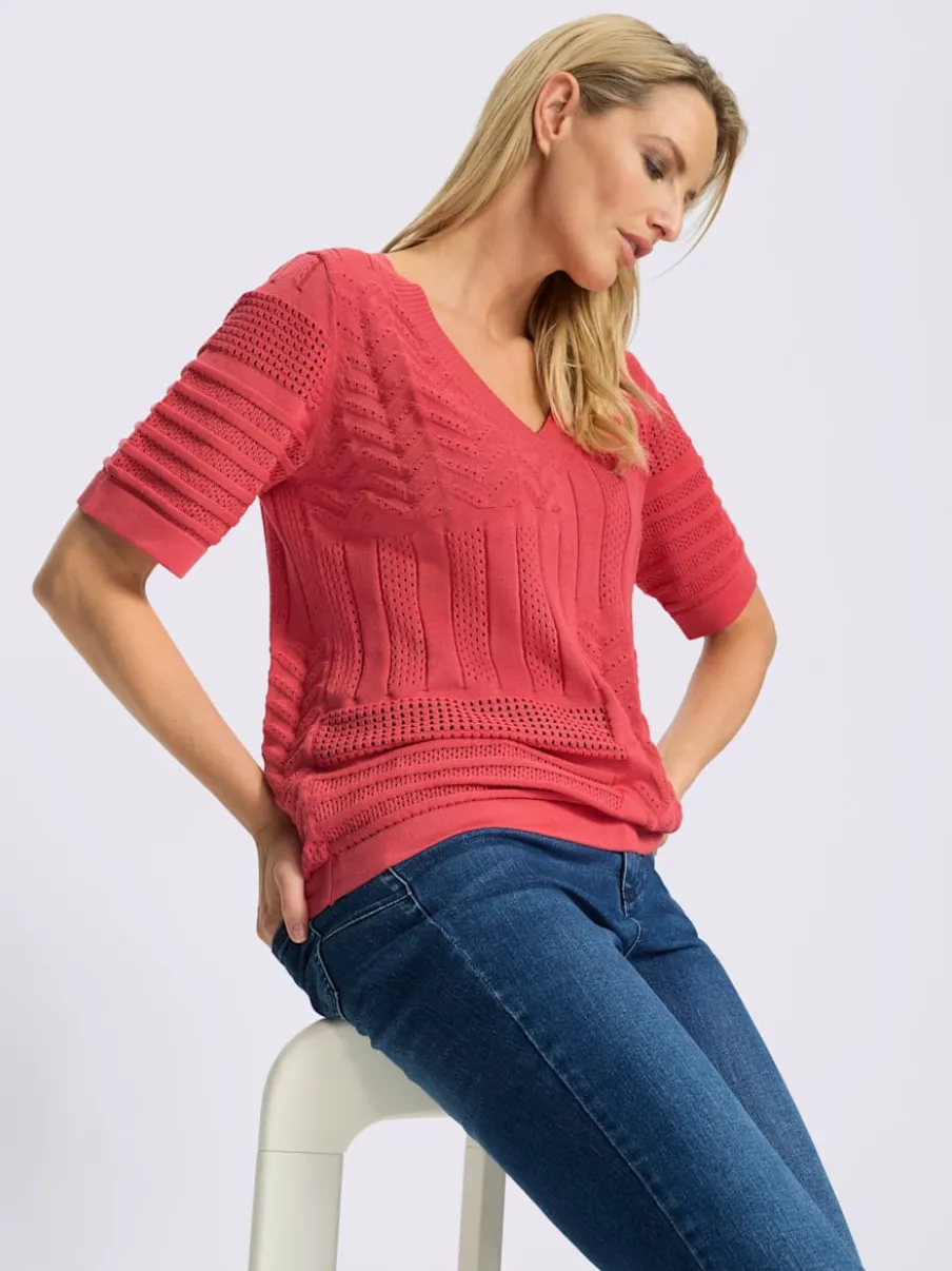 Pull à manches courtes en tricot ajouré avec col en V
