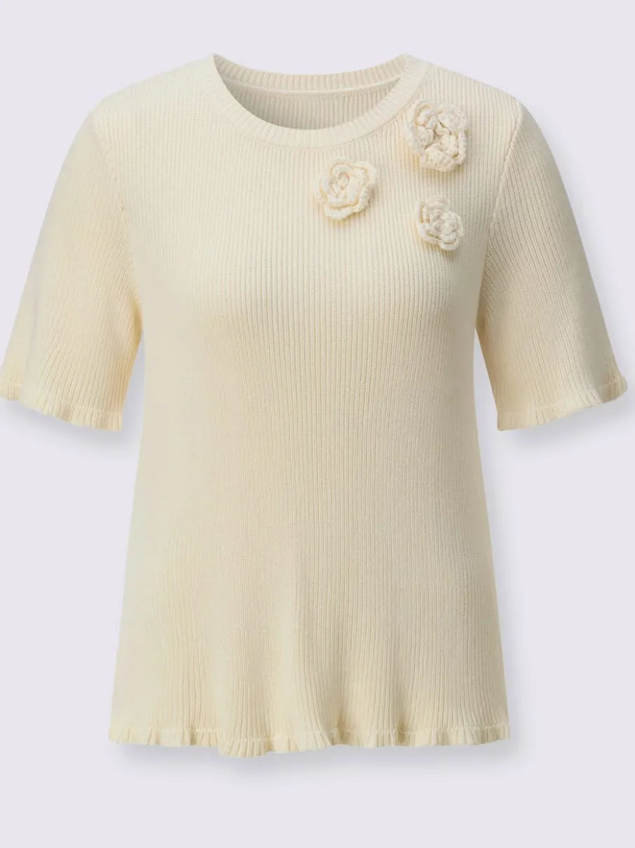 Pull à manches courtes en viscose avec fleurs en 3D et volants