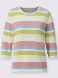Pull à manches 3/4 en coton avec rayures colorées et encolure ronde