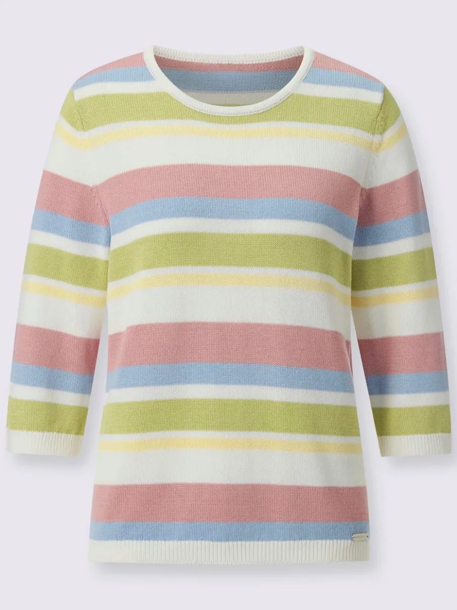 Pull à manches 3/4 en coton avec rayures colorées et encolure ronde