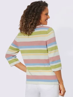 Pull à manches 3/4 en coton avec rayures colorées et encolure ronde