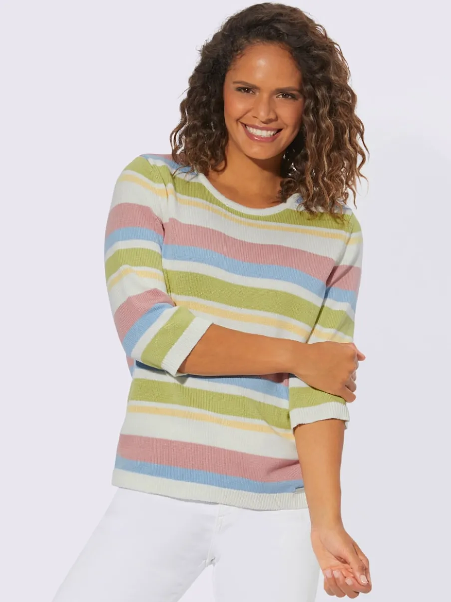 Pull à manches 3/4 en coton avec rayures colorées et encolure ronde