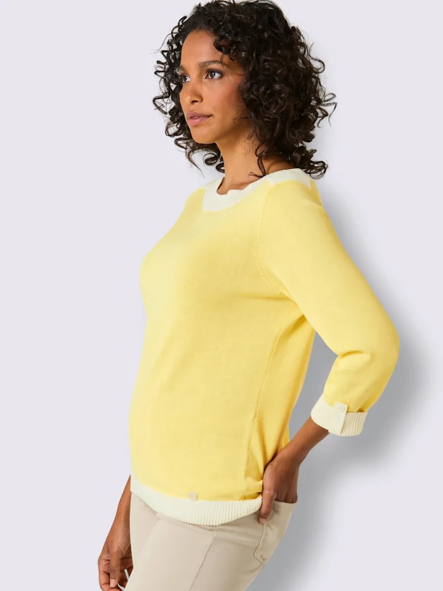 Pull à manches 3/4 en mélange de coton et soie avec bordure contrastée