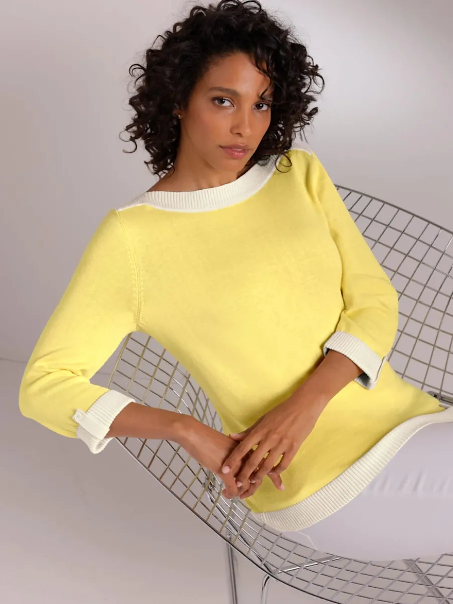 Pull à manches 3/4 en mélange de coton et soie avec bordure contrastée