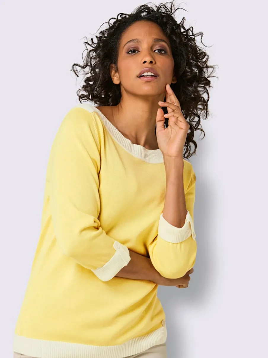Pull à manches 3/4 en mélange de coton et soie avec bordure contrastée