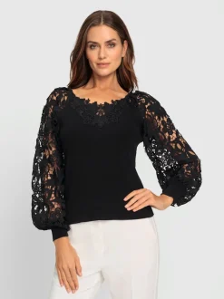 Pull à manches longues avec empiècement et manches en dentelle