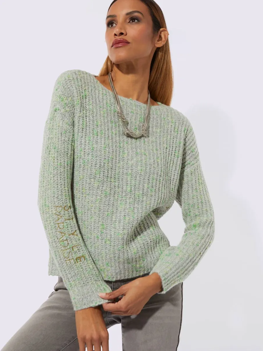 Pull à manches longues à broderie et finitions côtelées