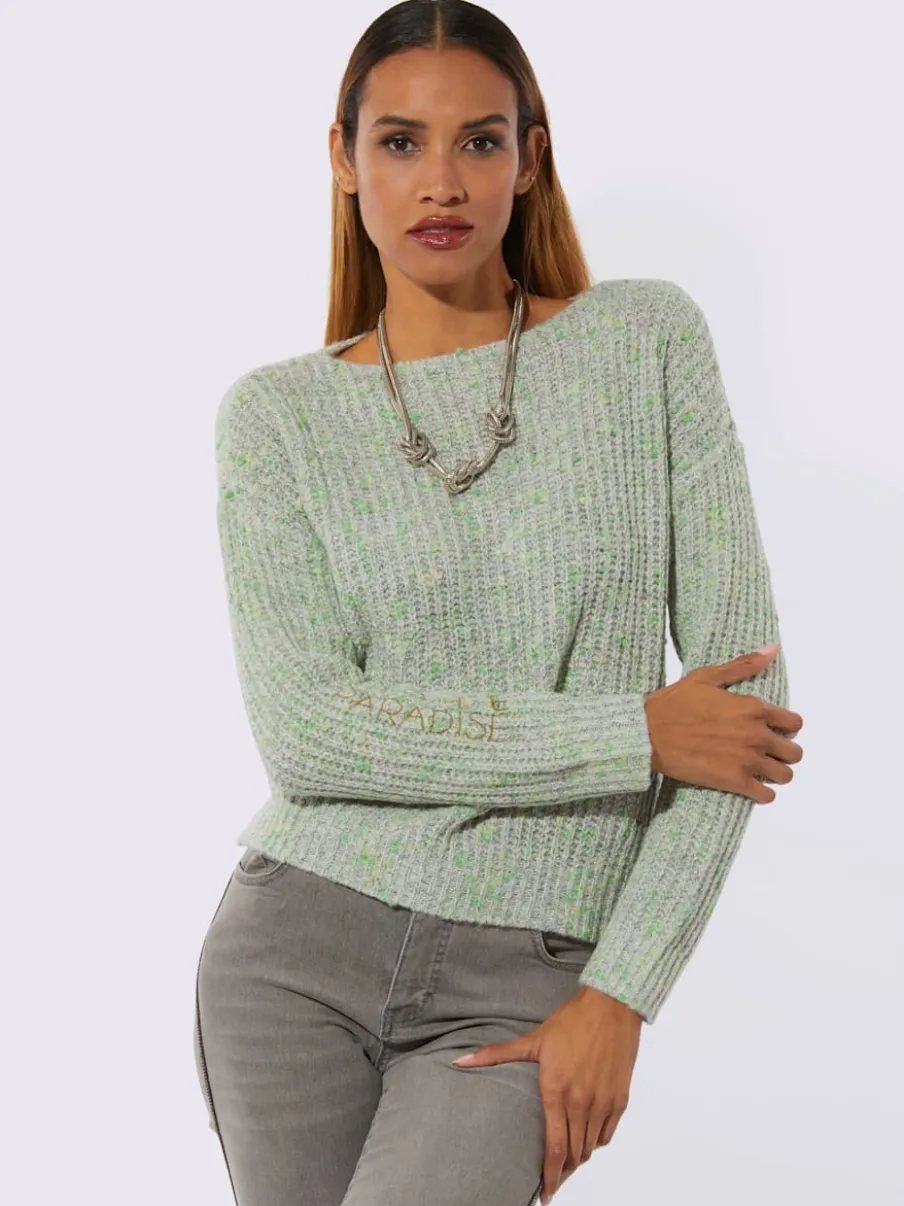 Pull à manches longues à broderie et finitions côtelées