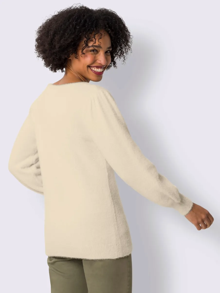 Pull à manches longues à col en V arrondi et bords-côtes fins