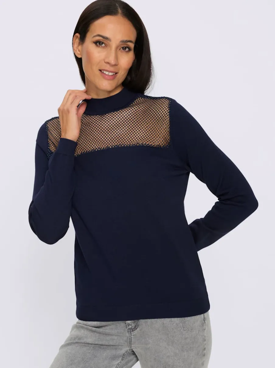 Pull à manches longues empiècement transparent devant