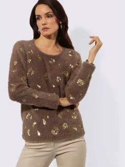 Pull à manches longues en fil moelleux avec empiècements pailletés