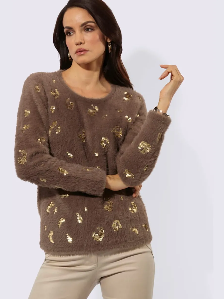 Pull à manches longues en fil moelleux avec empiècements pailletés