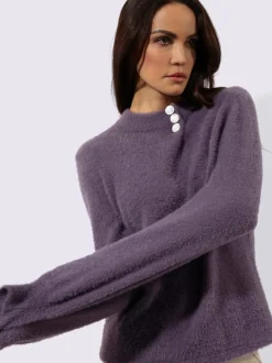 Pull à manches longues en tricot avec col côtelé et boutons décoratifs