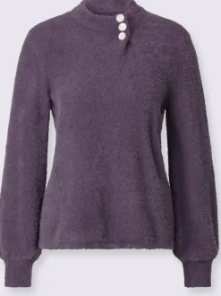 Pull à manches longues en tricot avec col côtelé et boutons décoratifs