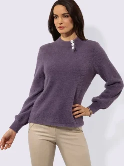 Pull à manches longues en tricot avec col côtelé et boutons décoratifs