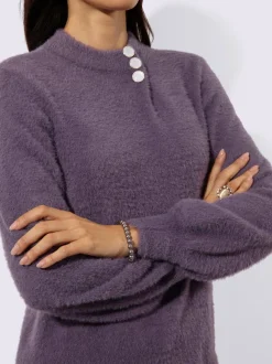 Pull à manches longues en tricot avec col côtelé et boutons décoratifs