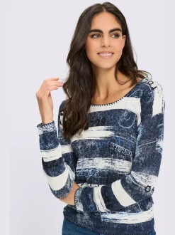Pull à manches longues à rayures en coton-viscose avec encolure ronde