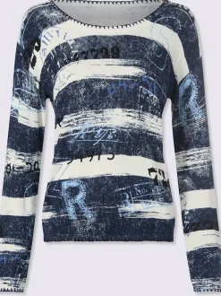 Pull à manches longues à rayures en coton-viscose avec encolure ronde