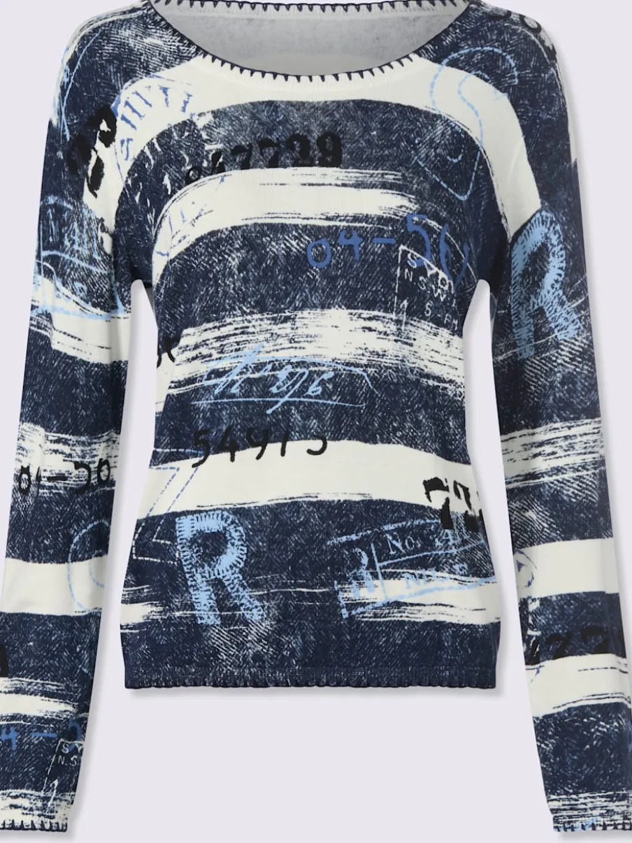 Pull à manches longues à rayures en coton-viscose avec encolure ronde