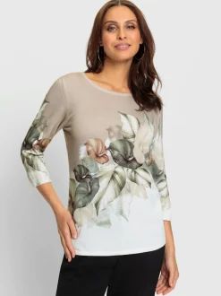 Pull à manches 3/4 à motif feuilles et pierres brillantes