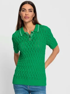 Pull polo ajouré avec col polo et rayures contrastées