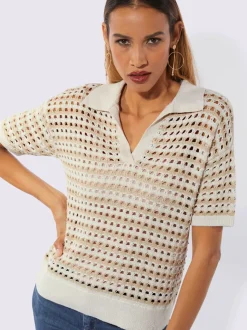 Pull polo léger à motif rayé et ajouré