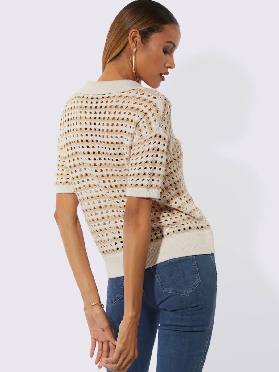 Pull polo léger à motif rayé et ajouré