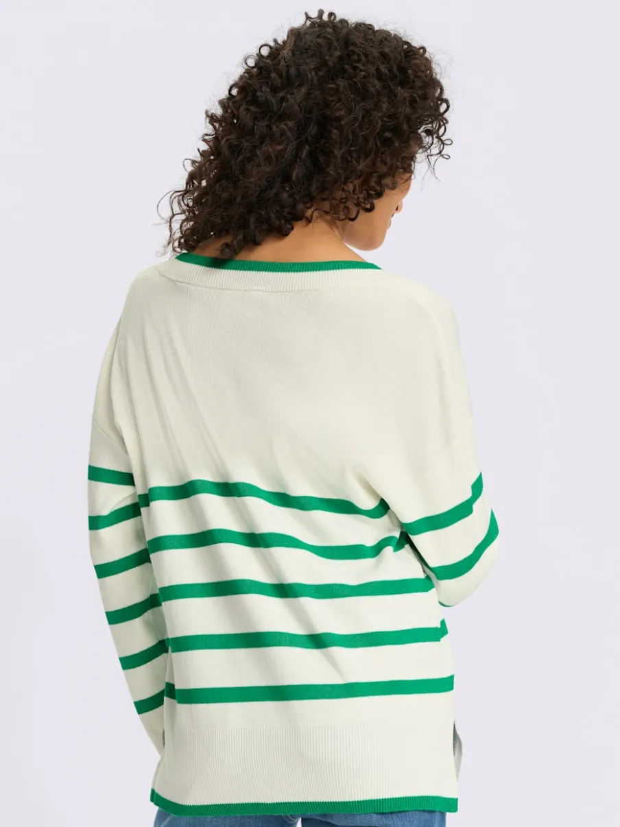 Pull à rayures avec encolure en V et manches longues