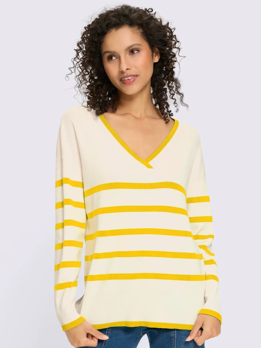 Pull à rayures avec encolure en V et manches longues