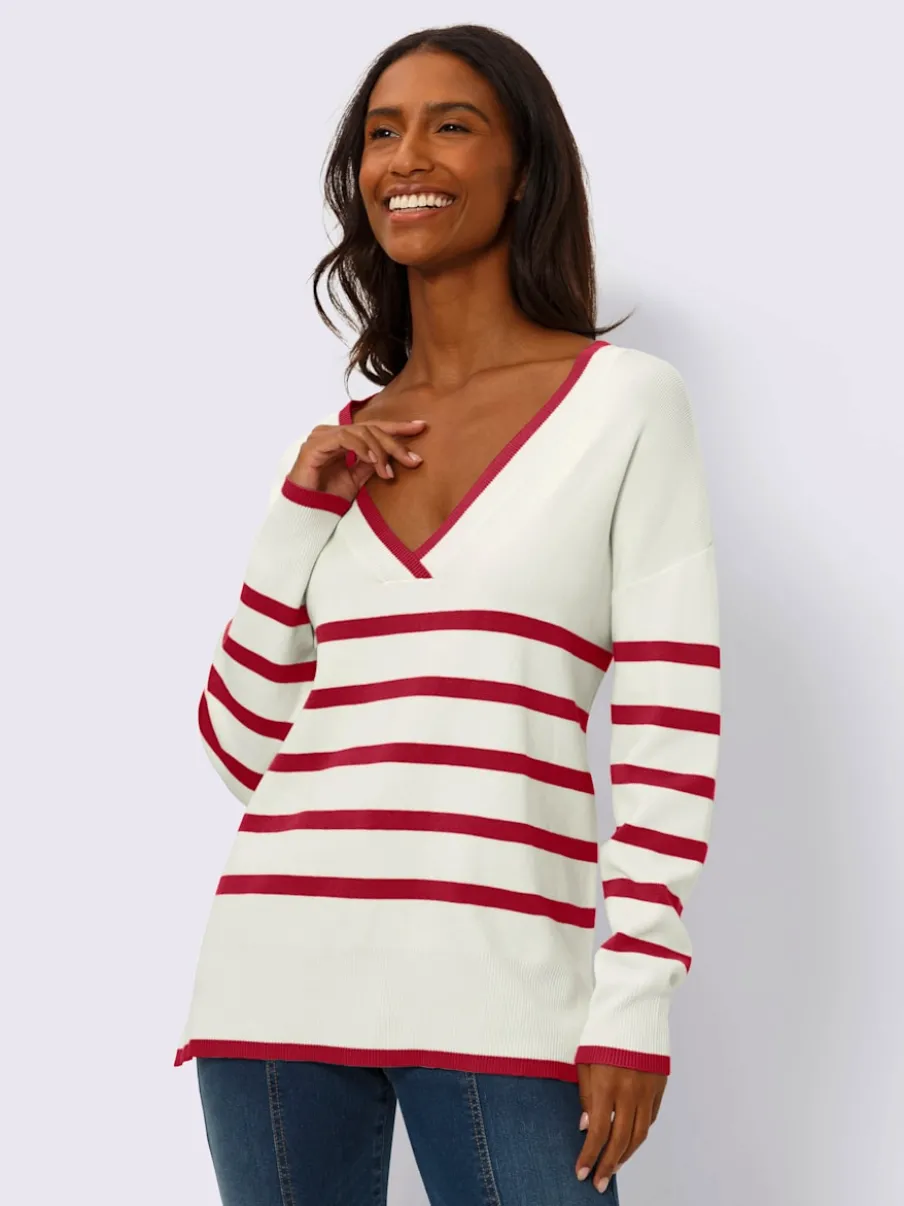 Pull à rayures avec encolure en V et manches longues