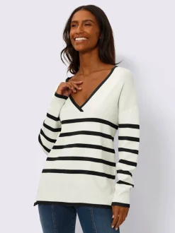 Pull à rayures avec encolure en V et manches longues