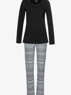 Pyjama avec haut uni et pantalon à motifs