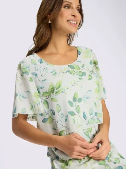 Robe avec motif feuilles manches chauve-souris et volants