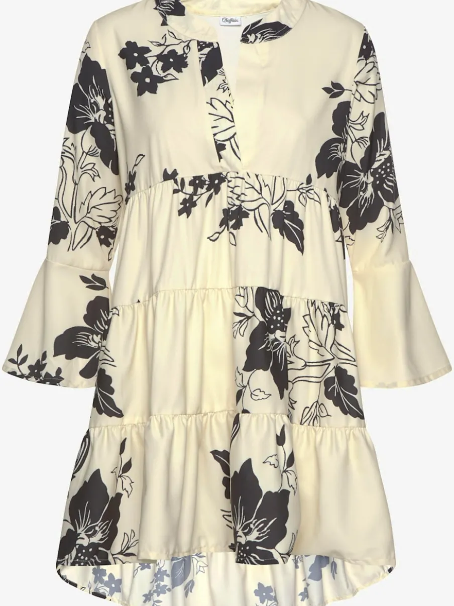 Robe chemisier décontractée à col V et manches 3/4 avec motifs floraux
