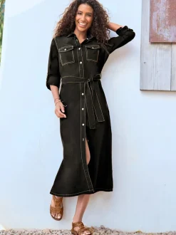 Robe-chemisier en pur coton avec col chemise et poches poitrine