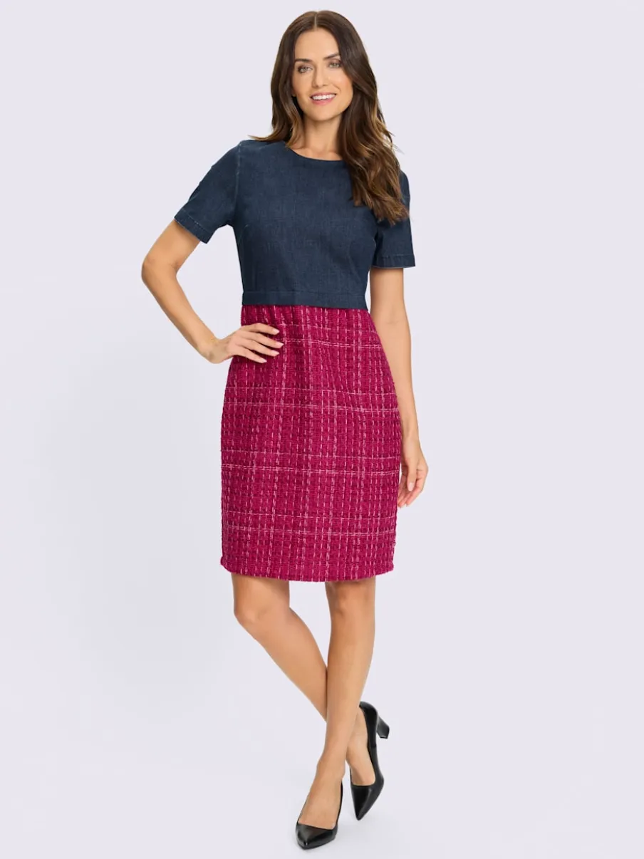 Robe crayon à manches courtes avec empiècement en denim