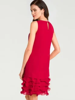 Robe de cocktail à encolure ronde et sans manches avec volants