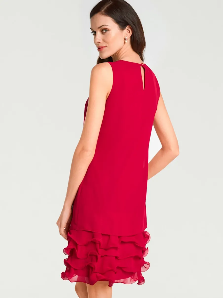 Robe de cocktail à encolure ronde et sans manches avec volants