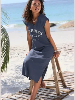 Robe de plage encolure avec bords-côtes légèrement brillants grâce au fil lurex