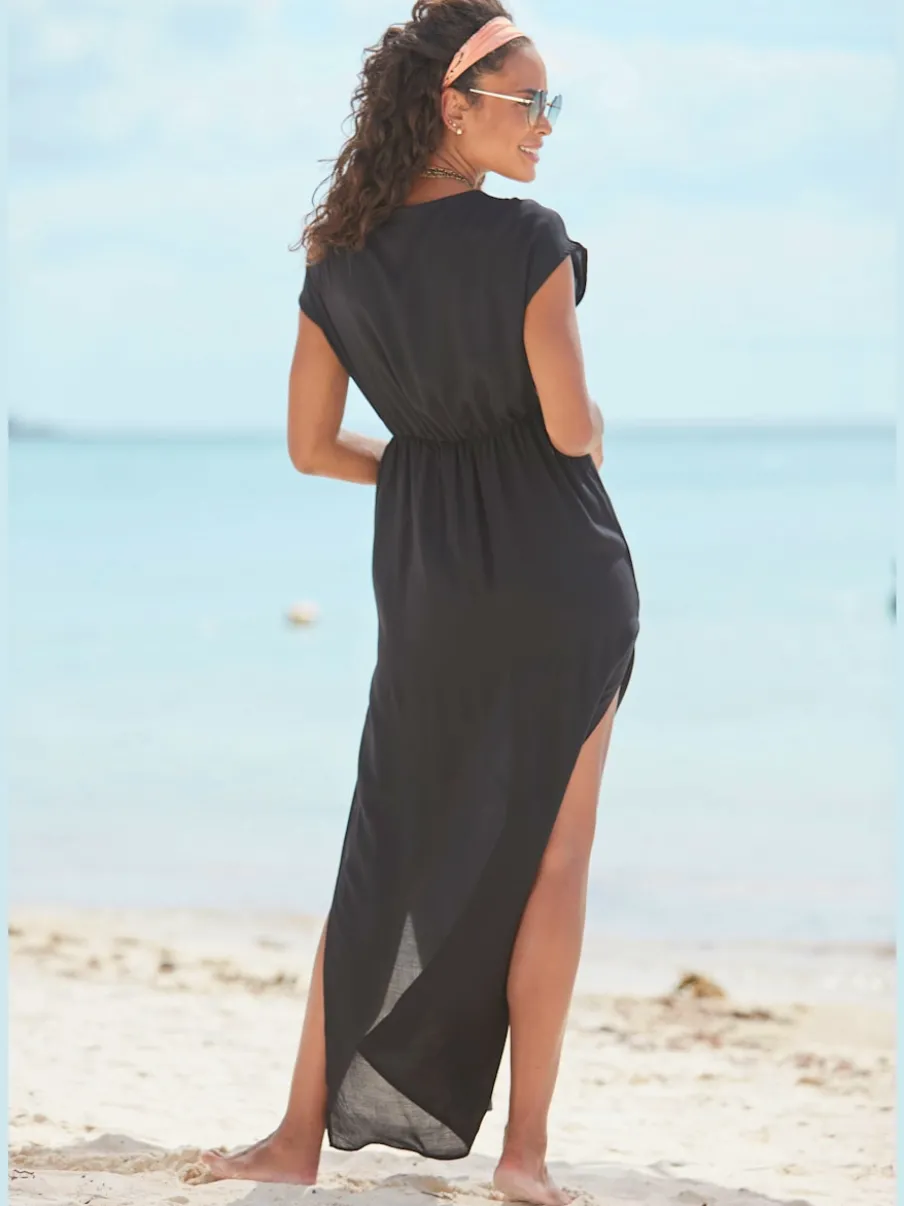 Robe de plage à encolure ronde avec mancherons et fentes latérales