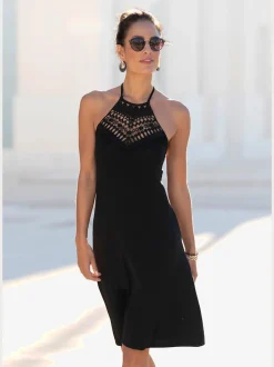Robe dos-nu en jersey viscose avec empiècement crochet et longueur genou