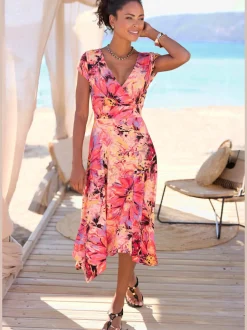 Robe d'été col en v imprimée jupe ample viscose douce