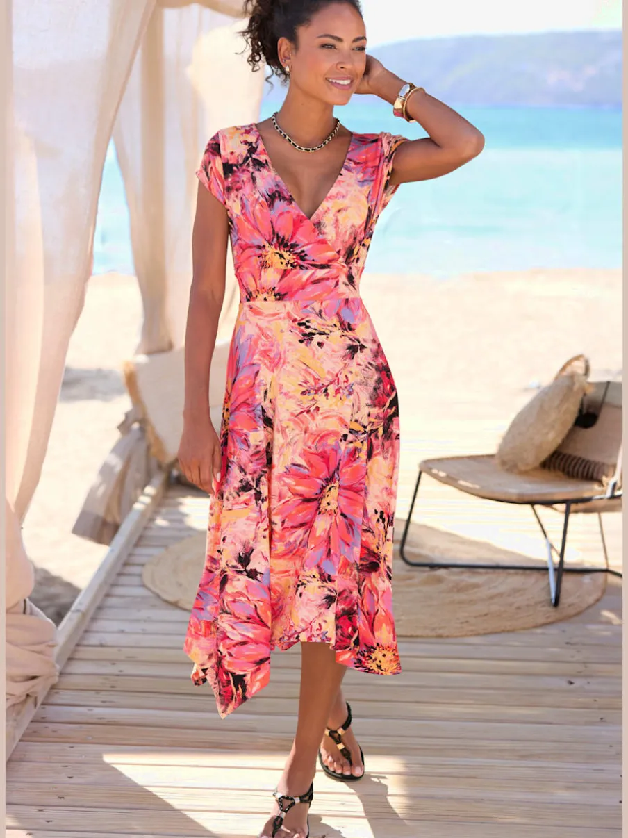 Robe d'été col en v imprimée jupe ample viscose douce