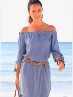Robe d'été courte à encolure élastique avec manches 3/4 et lien